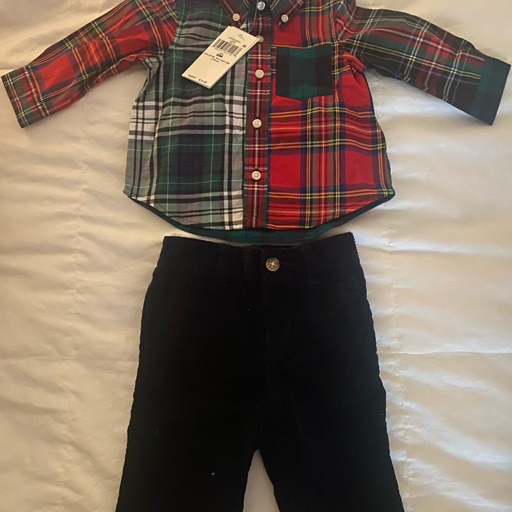 NWT Ralph Lauren Baby Red Plaid Shirt and Black Corduroy Pants Set